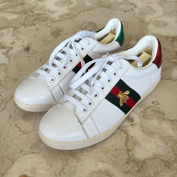 Gucci Ace Leather Sneakers Red/Green/Bee Embroidered - Picture 4 of 13
